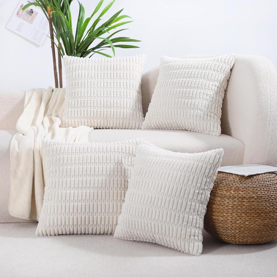 All Smiles Decorative Cream Throw Pillow Covers 20x20 Set of 4 Farmhouse Rustic Boho Home Decor Soft Plush Striped Corduroy Square Cushion Case for Living Room Couch Bed Sofa