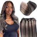 Grey Highlights Hair Wefts Sew in Hair Extensions Real Human Hair Bundle,Brown Balayage Gray Highlights Hand Tied Weft Hair Extension Remy Human Hair Double Wefts Sew in Weave Extensions 12 Inch 80G