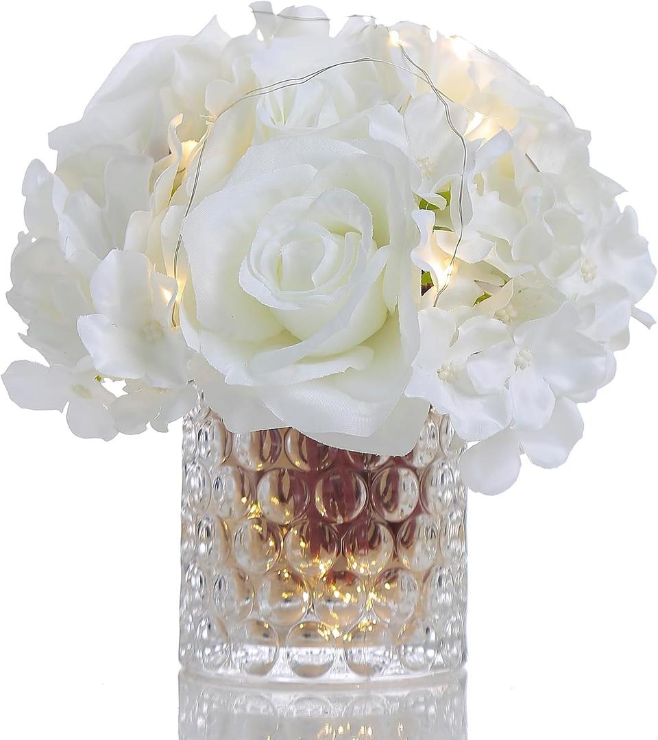 Rose Silk Flower Arrangement Artificial Vivid Rose in Glass Vase with LED Light Elegant Centerpiece for Home Wedding Bathroom Table Shelf Decoration (Pure White)