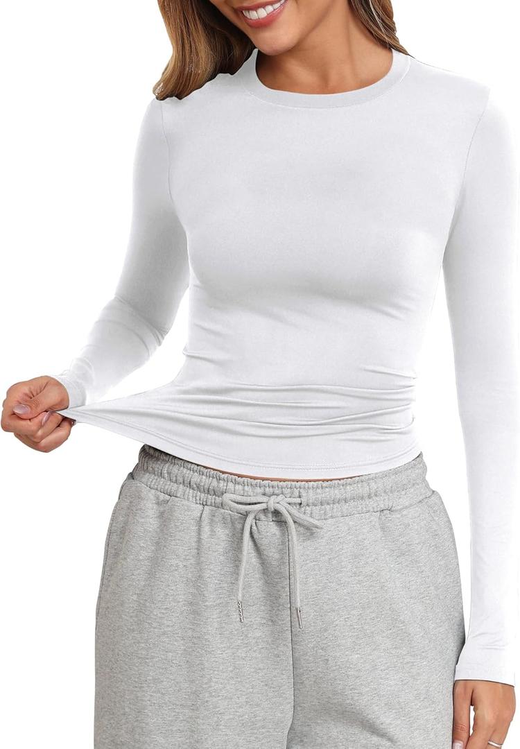 PALINDA Fitted Long Sleeve Shirts for Women Crew Neck Basic Stretchy T-Shirts Casual Layering Tee Shirt Crop Tops (White, M)