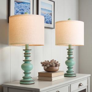 BOBOMOMO 20" Distressed Teal Bedside Lamps Set of 2, Hand-Painted Vintage Resin Lamps with Linen Shades, Cottage Farmhouse Lamp for Living Room, Bedroom, and Hallway, Space-Saving Accent Lamps