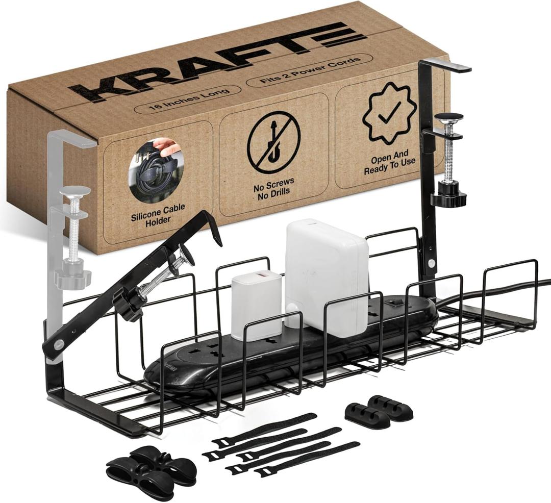 Under Desk Cable Management Tray - 16 No Screw Ready to Install - Hanging Basket Box for Wire Management - Sturdy Desk Cable Tray Organizer fits Two Power Cords - Ideal for Home & Office - 11pc Set