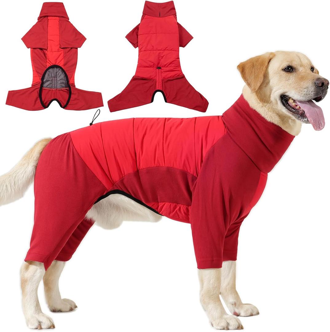HEYWEAN Dog Winter Coat Waterproof Cold Weather Jacket with Harness Opening Stretchy Legs & No-Zip Design Snug Fit for Small to Large Breeds Red XL
