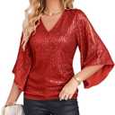GRACE KARIN Womens Sparkly Sequin Tops,3/4 Sleeve Glitter Party Dressy Blouse,V-Neck Disco Evening Club Concert Shirt (Medium, Red)