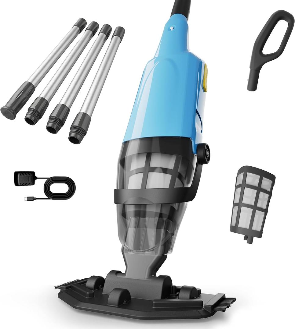 Cordless Pool Vacuum Above & Inground Pools, Powerful 15GPM Suction, Handheld Pool Vacuum with 4 Section Pole up to 87", 1H Runtime, Debris Filter Bin, Rechargeable Pool Cleaner for Spas & Hot Tubs