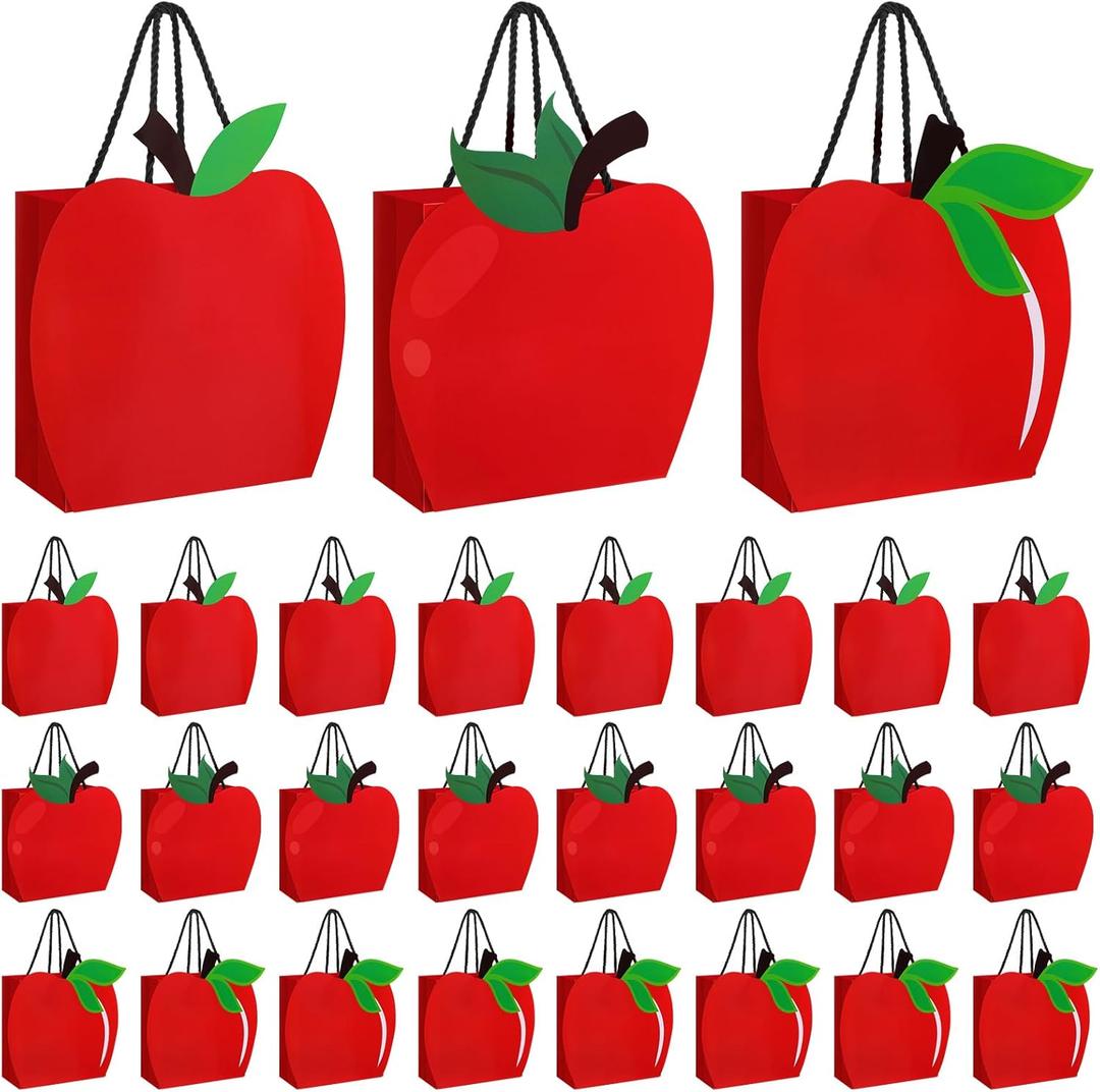 24 Pcs Red Apple Gift Bags Fall Apple of Our Eye Kraft Paper Candy Boxes Goodie Treat Bags with Handle for Fall Autumn Harvest Thanksgiving Day Fruit Birthday Baby Shower Party Decorations