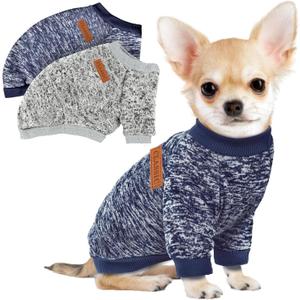 2 Pcs Dog Sweaters for Small Dogs Girl Boy Winter Fleece Clothes Warm Soft Dog Sweatshirt Outfit for Dogs Cats Pet Apparel (L (Back: 15.7",Chest: 19.6",14-18Ibs), Grey+Navy Blue)