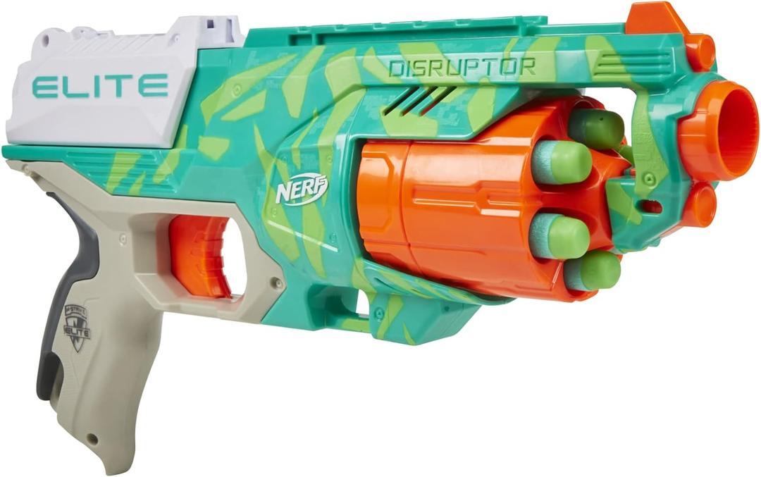 NERF Elite Disruptor Dynamic Green Dart Blaster, Rotating Drum, Slam Fire, Kids Outdoor Toys for 8 Year Old Boys & Girls