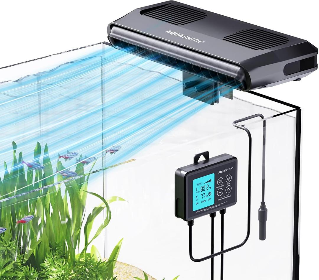 AQUASMITH Aquarium Chiller Fan,Fish Tank Cooler with Temperature Control,Minimum Setting 59,Auto Start/Stop,Refrigeration Effect 3-7,3-Speed Modes,for Axolotl Seawater Freshwater Coral Grass Tank
