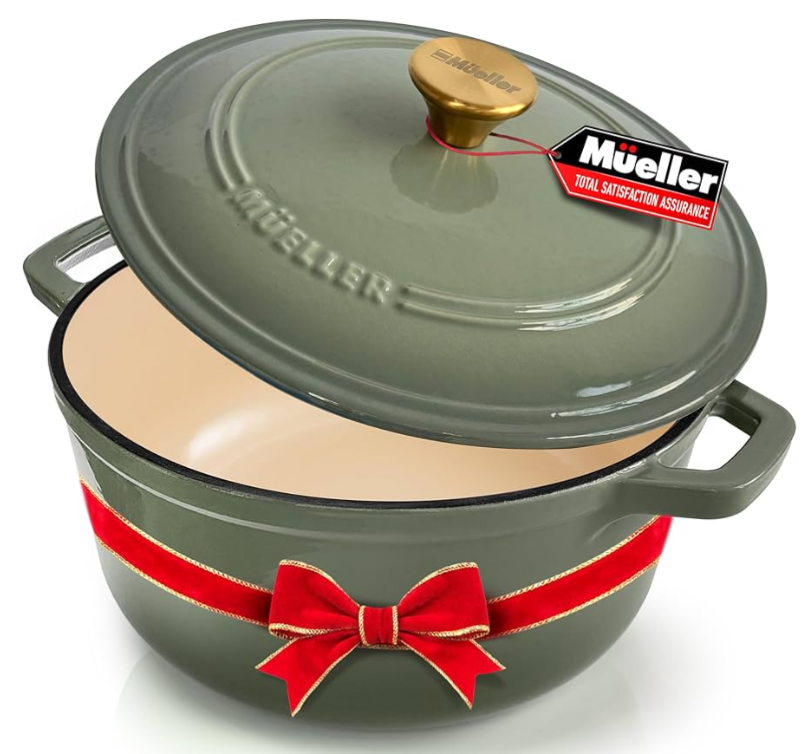 MUELLER HOME 6 Quart Enameled Cast Iron Pot Dutch Oven, Heavy-Duty, Oven-Safe up to 500° F & Across All Cooktops, Bread Pan with Lid & Knob, Cast Iron Cookware, Blue Kitchen Accessories, Thyme Green