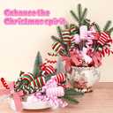 Candy Christmas Tree Picks Set of 4, 15 Inch Peppermint Candy Ornament Sprays with Bow and Greenery, Pink & White Candy Cane Christmas Decorations for Tree, Candyland Holiday Decor