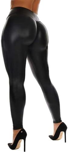 RIOJOY Womens Sexy Leather Leggings PU High Waist Butt Lifting Pleather Pants Stretchy Faux Leather Tights Push Up, Small