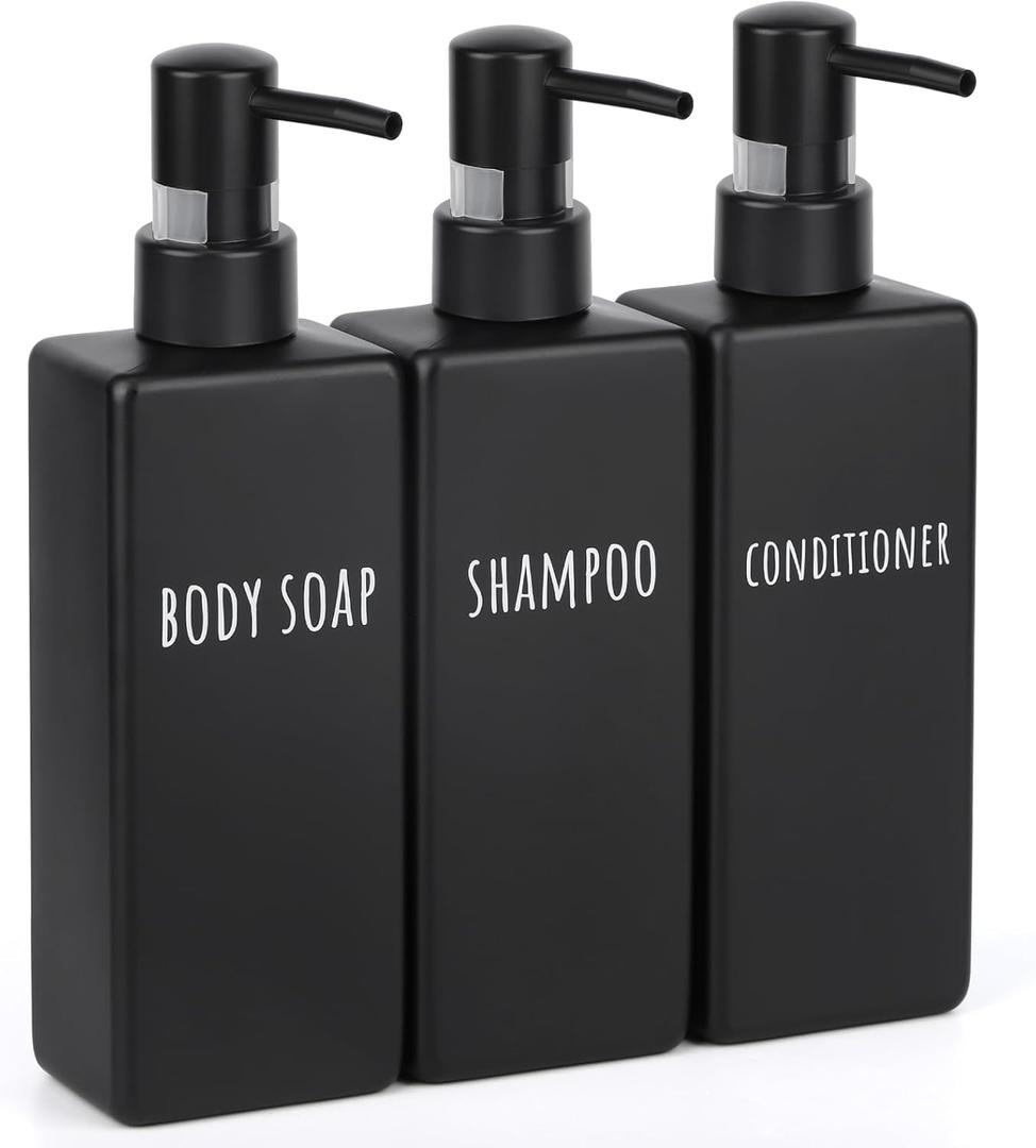 Segbeauty Plastic Shampoo and Conditioner Dispenser, 3pcs 16.9oz Refillable Lotion Soap Dispenser, 500ml Black Shampoo Bottles, Empty Shower Pump Dispenser Lotion Container for Modern Bathroom Hotel