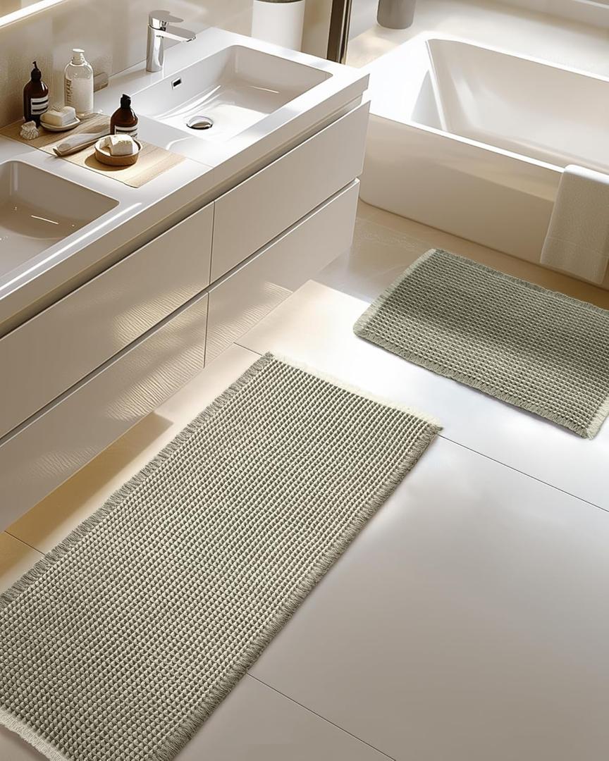 Large Waffle Bath Mat Set Non Slip, Ultra Absorbent Bath Mats for Christmas Bathroom Decor, Extra Soft Floor Bathroom Rugs Sets 2 Piece, Washable Bath Rugs Set, Green & White, 20"47" and 16"24"