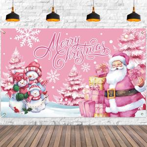 Pink Christmas Decorations Backdrop Xmas Snowman Banner Sign Pink Santa Claus Backdrop Merry Christmas Photo Background for Snowflake Winter Birthday Party Indoor Outdoor Supplies