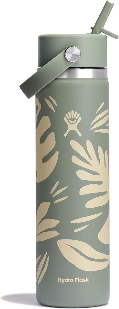 Hydro Flask Water Bottle - Insulated Stainless Steel - Wide Mouth Flex Straw Lid, Non Spill, Leakproof and Refillable in 24 Oz Botanical Bliss Agave