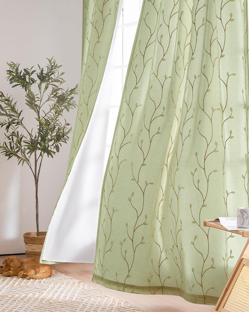 jinchan Boho Lined Sheer Curtains Floral Embroidered Sheers for Bedroom 96 Inch Length Embroidery Voile Leaf Drapes for Living Room Light Filtering Privacy Window Curtains 2 Panels Green, Size: 55"W x 96"L (Pack of 2)