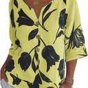 Womens 3/4 Length Sleeve Tops Dressy Casual V Neck Boho Floral Print Summer Blouses Shirts (Yellow, S)
