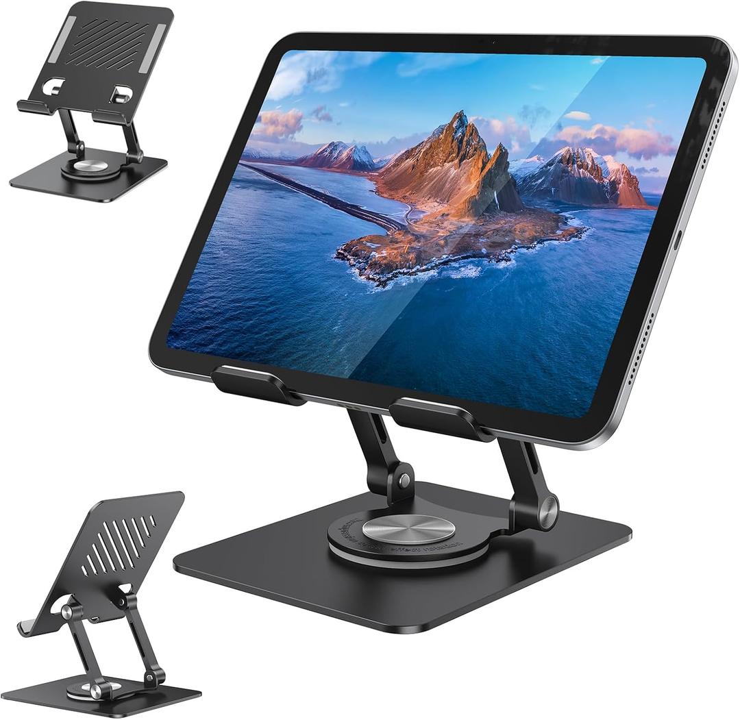 Tablet Stand for iPad, Aluminum iPad Stand for Desk | 360° Rotating, Compatible with 4.7-12.9" iPad, Foldable, for Tablet, Kindle, Galaxy Tab, Black