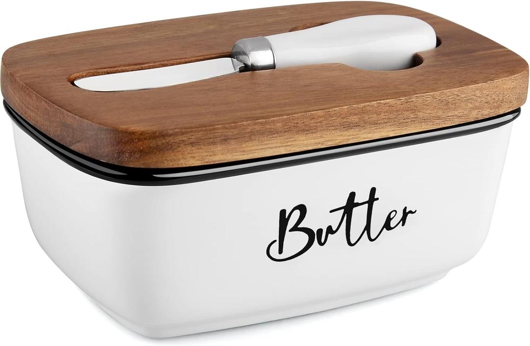 Ceramic Butter Dish with Lid and Knife for Countertop, Airtight Butter Keeper for Counter or Fridge, Butter Container with Thick Acacia Wood Lid, for Farmhouse Kitchen Decor and Accessories, White Ceramic Butter Dish with Lid and Knife for Countertop, Airtight Butter Keeper for Counter or Fridge, Butter Container with Thick Acacia Wood Lid, for Farmhouse Kitchen Decor and Accessories, White