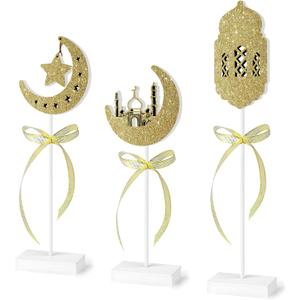 3 Pieces Ramadan Wooden Tabletop Signs Decorations Eid Mubarak Table Centerpieces Decor Set Islamic Ramadan Tiered Tray Decor for Muslim Home Party Tabletop Decor