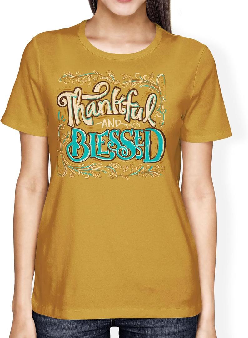 Southern Couture Thankful and Blessed - Mustard Yellow Cotton Women's Casual Short Sleeve T-Shirt (3X-Large)