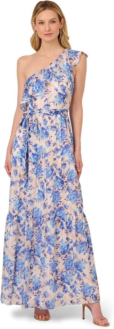 Adrianna Papell Women's Satin Stripe Ankle Dress (Blue, 12)