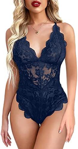 Hamefen dream love Women Snap Crotch Lingerie Sexy Lace Bodysuit Deep V Teddy Sleepwear One Piece Lace Babydoll Medium