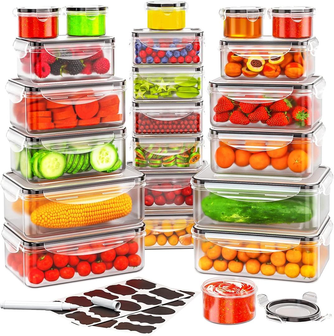 JSCARES 44 PCS Food Storage Container with Lid (22 Lids & 22 Containers) - Leakproof Meal-Prep Containers for Kitchen Storage Reusable Plastic Microwave/Dishwasher Safe with Labels & Pen (5-22 Pack)