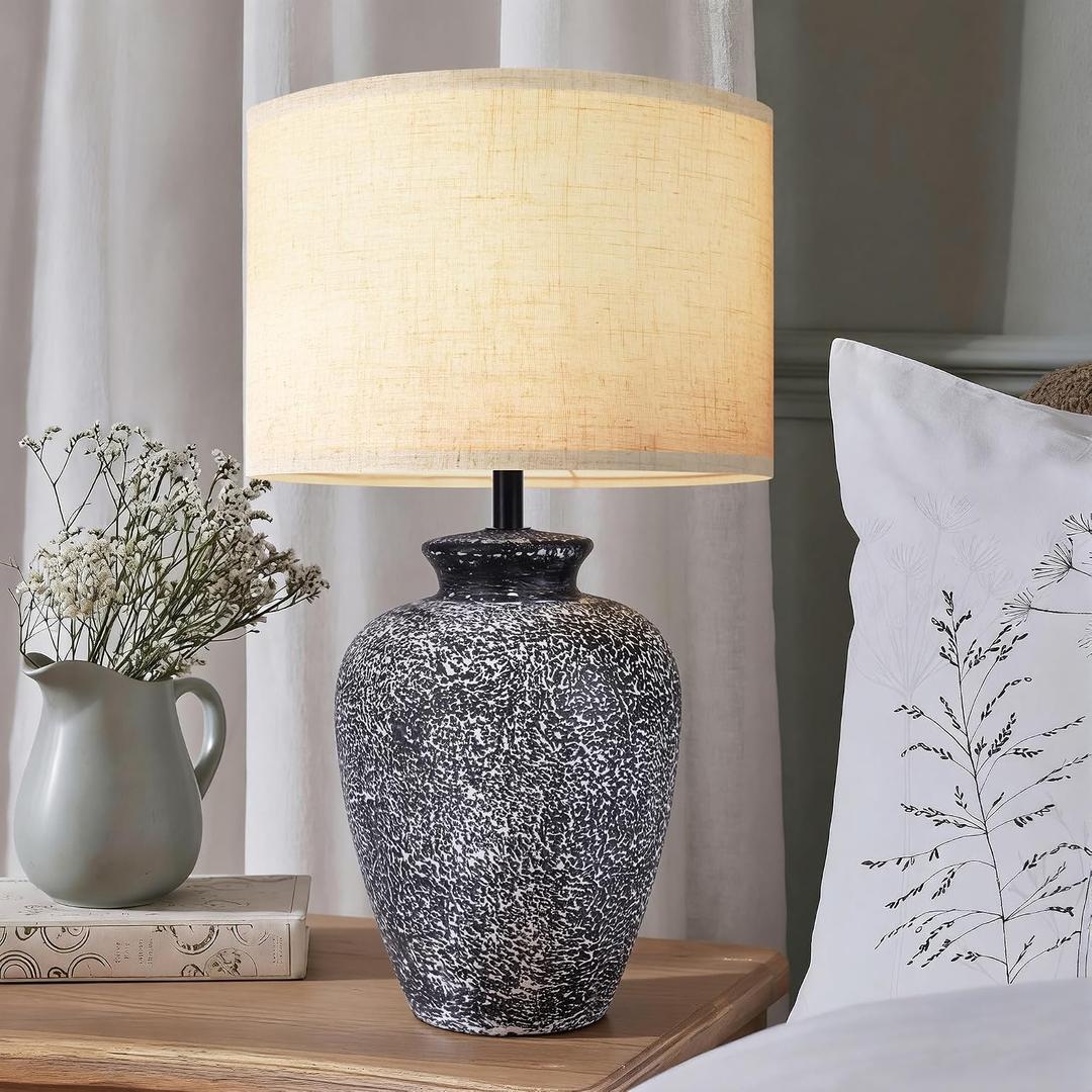 Ceramic Farmhouse Table Lamp for Living Room and Bedroom - Modern Black Pottery Beside Lamps for Small Nightstand and Large Side Table - Rustic Round Stone Lighting Single with White Beige Shade
