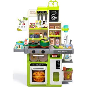 Kids Play Kitchen Set, Toddler Kitchen Playset with Sound & Light, Cooking Stove with Steam, Play Sink, Play Food Toy and Kitchen Accessories, Kitchen Toy for Kids Girls Boys (31.5 * 22 * 8.6in) (Green)