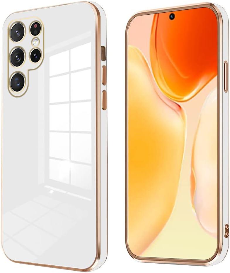 Compatible with Samsung Galaxy S25 Ultra Case Cute for Women Girls Men, Luxury Plating for Samsung Galaxy S25 Ultra Phone Case Slim Shockproof Silicone Bumper Phone Cover (White)