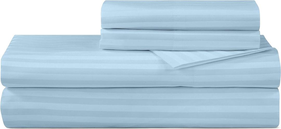 ROYALE LINENS 300 Thread Count 100% Long Staple Combed Cotton Sheet Set - 4 Piece King Bed Sheets - 1 Fitted, 1 Flat & 2 Pillow Cases - Soft Cool & Crisp Sheet Set (King, Stripe Lake Blue)