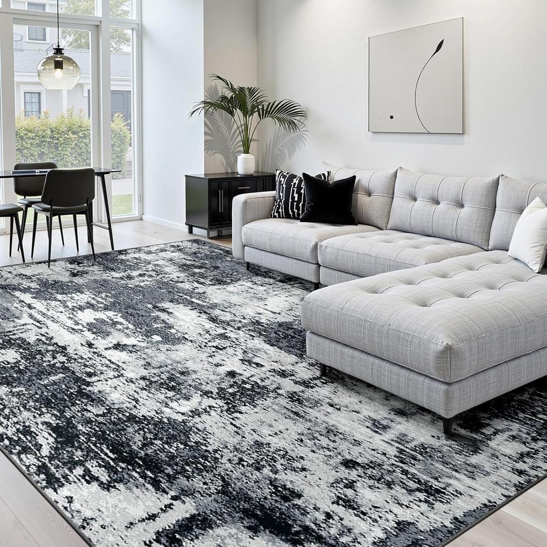 Washable Area Rugs 8'x10' Non-Slip Modern Abstract Soft for Living Room Entryway Bedroom Nursery, Print Pattern, Black Gray