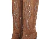 Celbreez Cowboy Boots for Women Cowgirl Boots Women Suede Knee High Boots Rhinestones Embroidered Western Boots Pointed Toe Chunky Heel Side Zip Festival Country Concert Shoes (6.5, Brown)