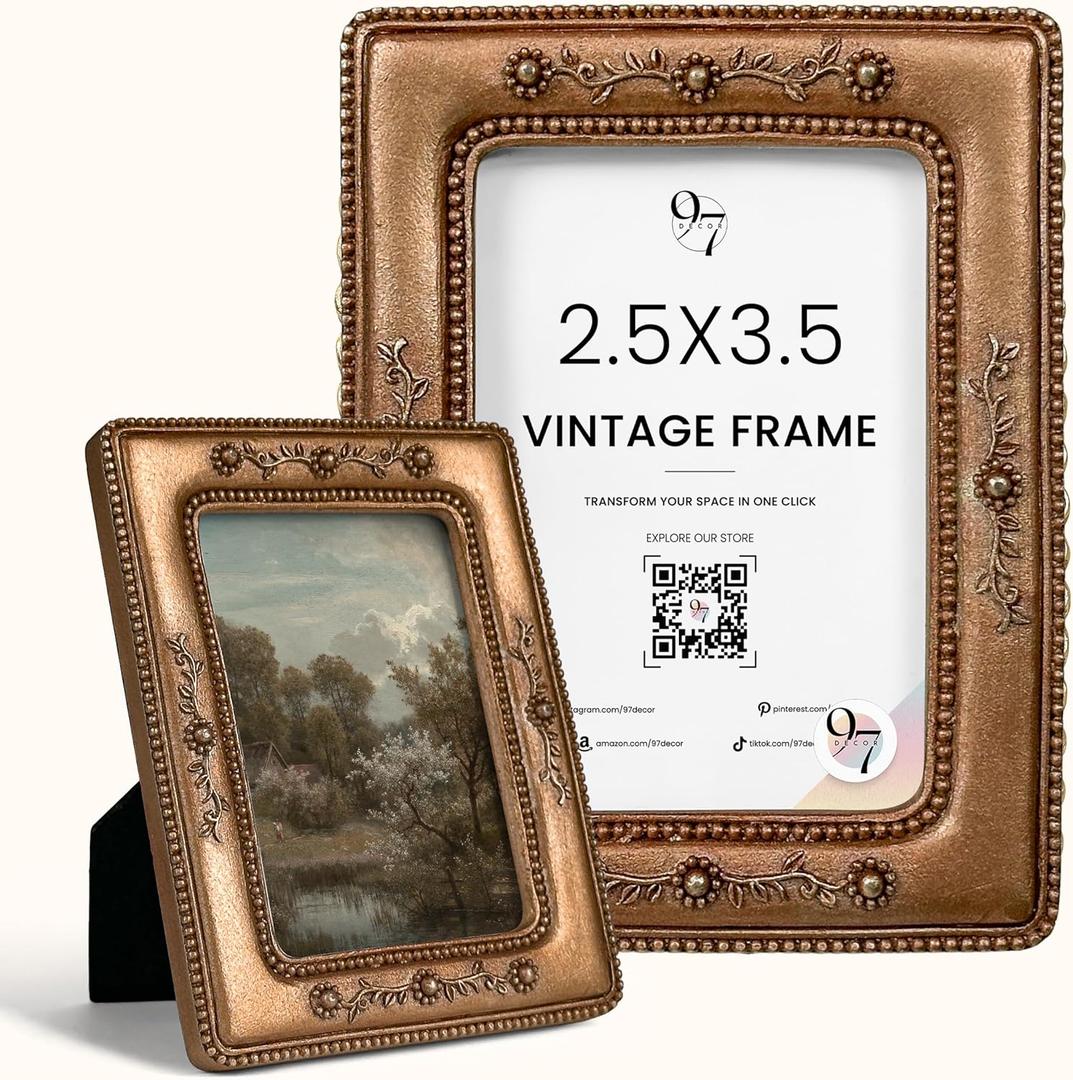 97 Decor Vintage Small Picture Frames 2.5 X 3.5 - Ornate Wallet Size Frame, Mini Polaroid Frames For Antique Home Decor, Tiny Photo 2.5 x 3.5 Picture Frames For Tabletop Display And Wall Hanging
