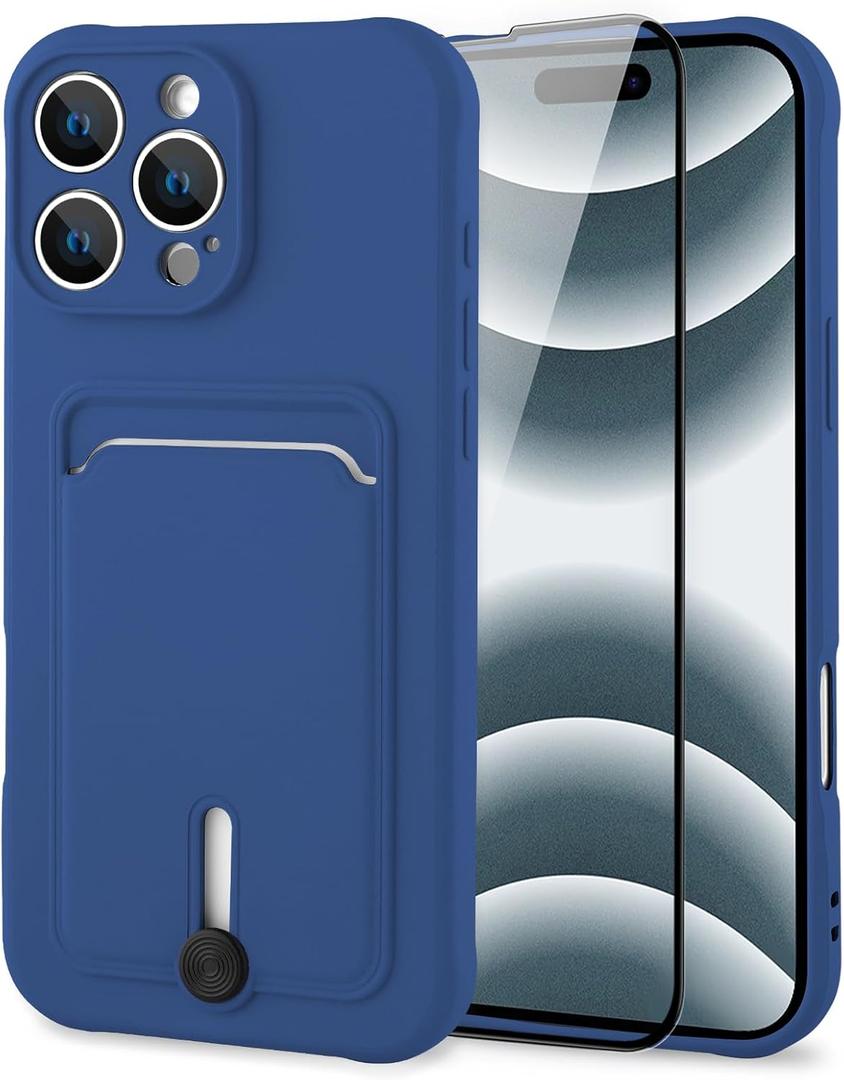 MZELQ TPU Wallet Compatible with iPhone 16 Pro Case, Card Holder Camera Protection Cover + Screen Protector, Push-able Slot for Girls Women -Blue