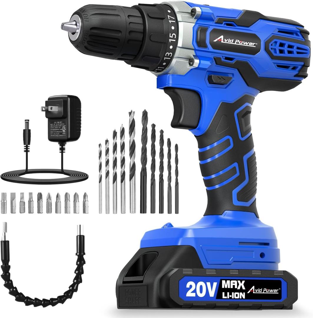 AVID POWER 20V MAX Power Drill Kit, Cordless Drill Set with Battery and Charger, 2 Variable Speed, 3/8-Inch Keyless Chuck, 19 Position and 22pcs Bits - Blue AVID POWER 20V MAX Power Drill Kit, Cordless Drill Set with Battery and Charger, 2 Variable Speed, 3/8-Inch Keyless Chuck, 19 Position and 22pcs Bits - Blue