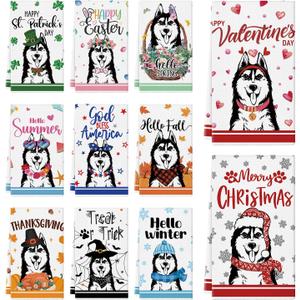 11 Pcs Husky Kitchen Towels 14x21 Inch Puppy Dog Dish Towels Seasonal Christmas Mother Day Gift Holiday Hand Towels for Home Kitchen Bathroom Decoration