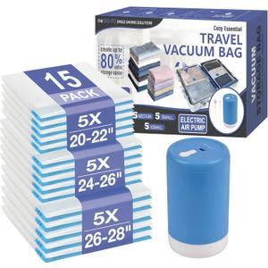 Cozy Essential Travel Vacuum Storage Bags with Rechargeable Cordless USB Pump, Space Saver Bags for Luggage, Suitcase, Carry-On, for Clothes, Blankets, Bedding & Seasonal Storage, 15 Combo