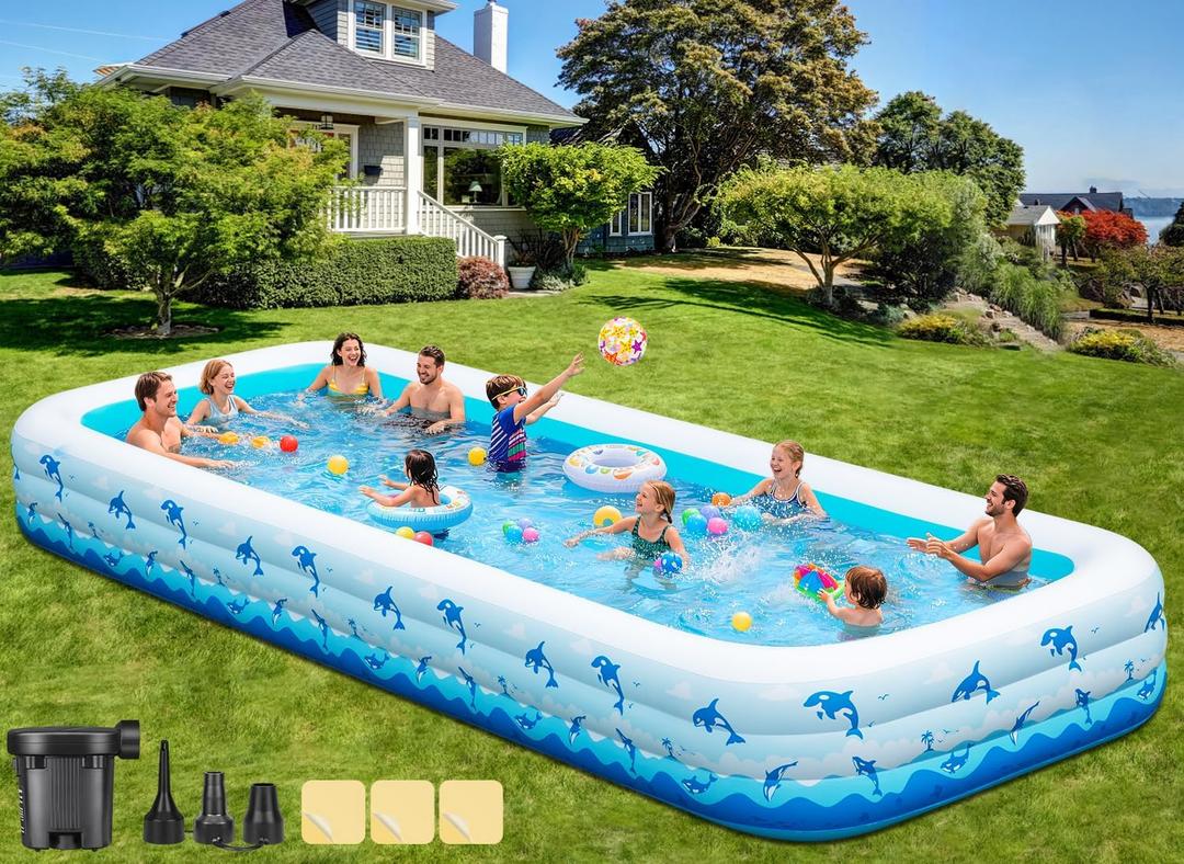 Extra Large Inflatable Swimming Pool – 165" x 76" x 22" Oversized Blow Up Pool for Adults, Big Family Backyard Pool with Pump, Thickened Kiddie Pool for Summer Water Party, Easy Set Up