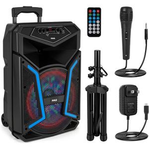 Pyle Portable Bluetooth PA Speaker System - 800W Outdoor Bluetooth Speaker Portable PA System w/ Microphone In, Party Lights, MP3/USB, FM Radio, Rolling Wheels - Mic, Remote - Pyle PPHP122SM,Black