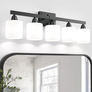 VOLISUN Matte Black Bathroom Light Fixtures, 5-Light Bathroom Vanity Lights Over Mirror, Modern Vanity Light for Bathrooms, Bathrooms Lights Fixtures Over Mirror with Milky White Frosted Glass Shades