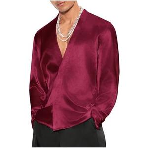 Floerns Men's Wedding Long Sleeve V Neck Shirts Shiny Satin Prom Party Club Shirts, XL