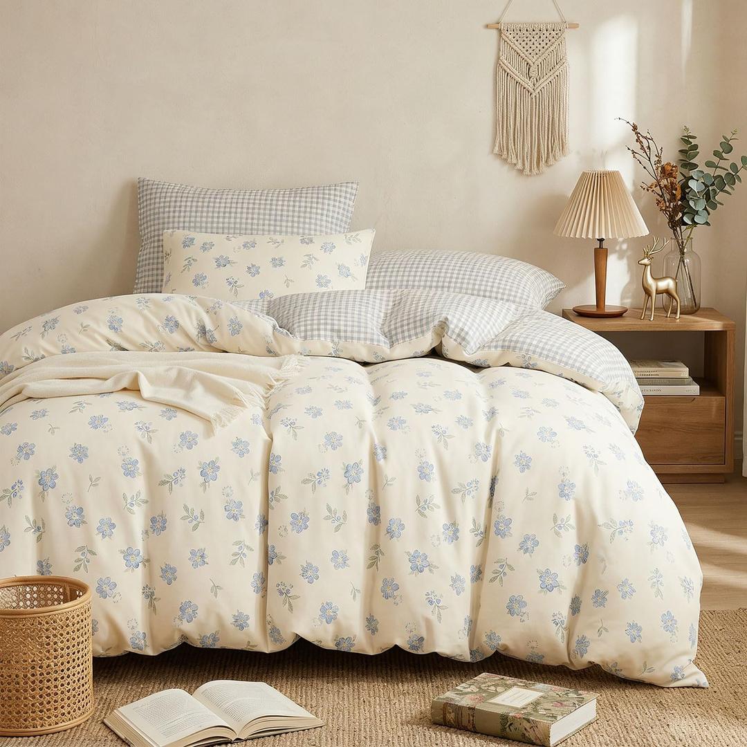 Floral Comforter Set King Size 3 Pieces,Blue Beige Floral Bedding