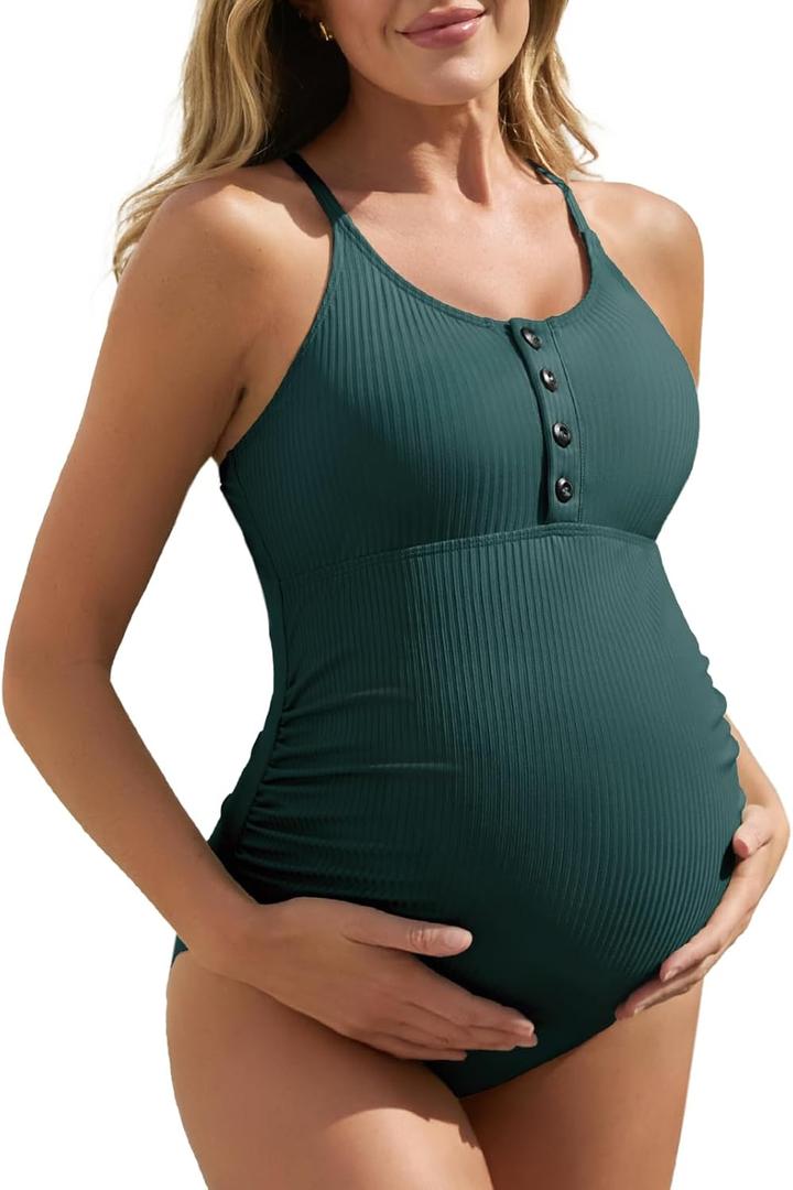 Summer Mae Maternity Swimsuit One Piece Bathing Suit Button Neck Cross Back (Green, 3XL)