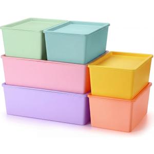 Menkxi 6 Pcs Plastic Storage Bins with Lids Stackable Storage Containers Durable Box Baskets for Organizing Shelves Playroom Classroom Office (Macaron Color, Large and Small)