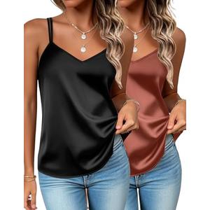 Zeagoo Silk Camisole Tops for Women 2025 V Neck Satin Tank Top Spaghetti Strap Cross Back Sleeveless Summer Blouses, S