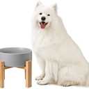 Elevated Ceramic Large Dog Bowl - Raised Dog Dish with Bamboo Stand - Heavy Weighted, No Tip Over, Comfortable Eating - 8.4" Diameter - 4.5 Cups - 68 fl oz - Grey