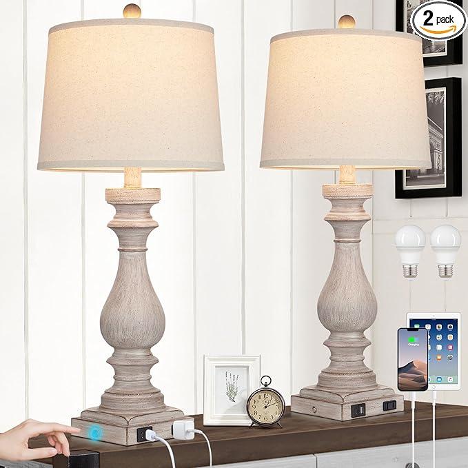 29" Tall Table Lamp for Living Room Set of 2, Vintage Bedside Nightstand Lamps with USB C+A Ports & AC Outlet, 3-Way Dimmable Touch Control Desk Lamp for Bedroom, Color 2